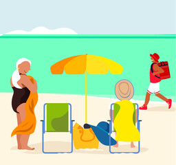 inclusive daily life - vector illustration - Elderly woman sunbathing at the beach on a sunny day