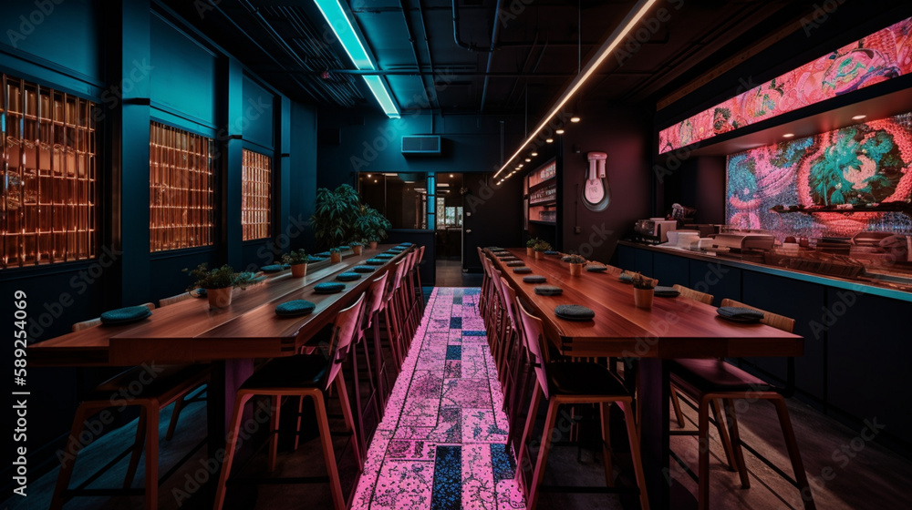 Poster a trendy asian fusion restaurant with neon generative ai