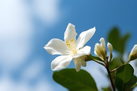 Single flower in the soft blue sky. Generative ai.