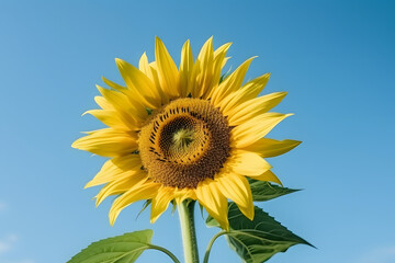 Single flower in the soft blue sky. Generative ai.