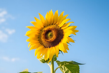 Single flower in the soft blue sky. Generative ai.