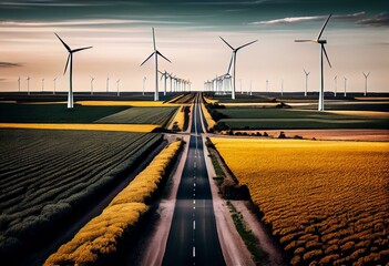 Fototapeta na wymiar a wind farm with several windmills in the middle of it and a road running through it in the middle of the middle of the field, and a green area with yellow and white. Generative AI