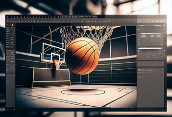 Basketball court with ball, hoop and tribune mockup, side view. Generative AI