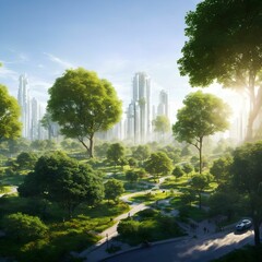 Fototapeta premium landscape view of future city with eco green park, generative art by A.I.