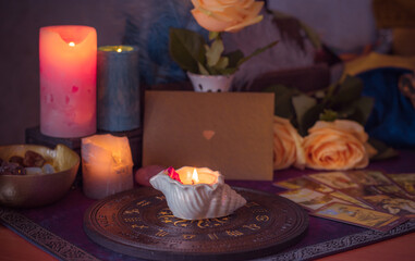 Energy healing, reiki session or chakra rituals with candles, spiritual practice. Wicca magic, new world, alternative medicine of future