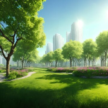 landscape view of future city with eco green park, generative art by A.I.