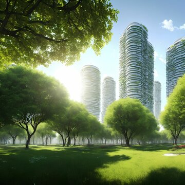 landscape view of future city with eco green park, generative art by A.I.