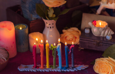 Energy healing, reiki session or chakra rituals with candles, spiritual practice. Wicca magic, new...