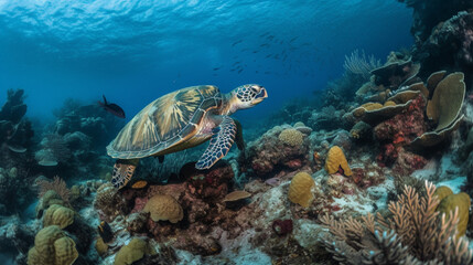 Obraz na płótnie Canvas A Sea Turtle Swimming in a Colorful Coral Reef Generative AI