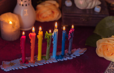 Energy healing, reiki session or chakra rituals with candles, spiritual practice. Wicca magic, new...