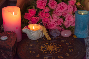 Energy healing, reiki session or chakra rituals with candles, spiritual practice. Wicca magic, new world, alternative medicine of future