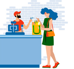vector image of a blue-haired lesbian woman paying for purchase at the checkout with credit card  