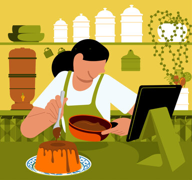Mulher preparando bolo - Mulher branca seguindo tutorial - Cozinhando online - Seguindo receita - Cozinha Brasileira - Filtro de Barro