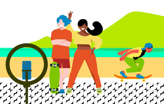 Dia a dia Inclusivo - Vetor de casal LGBTQ  fazendo self no calçadão da praia - Mulheres fazendo self na praia - Amigas lésbicas