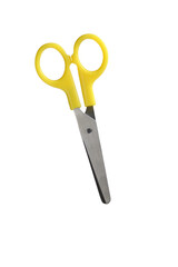 Metal paper scissors with yellow plastic handle white background.