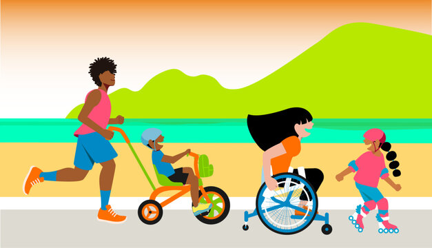 Dia a dia Inclusivo - Vetor de m&atilde;e cadeirante correndo e se divertindo com fam&iacute;lia na praia - Diversidade - 