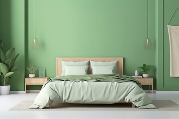 Fototapeta na wymiar green bedroom hotel room bedsit design idea | Home interior background, cosy green bedroom with bright furniture natural wooden tables, modern style, 3d render, Generative AI