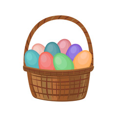 Happy Easter. Basket with colorful Easter eggs. For postcards, banners, flyers
