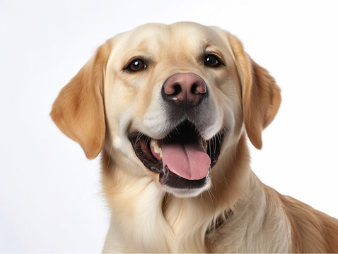 Happy puppy dog smiling on isolated white background. Studio shot dog. Generative AI.