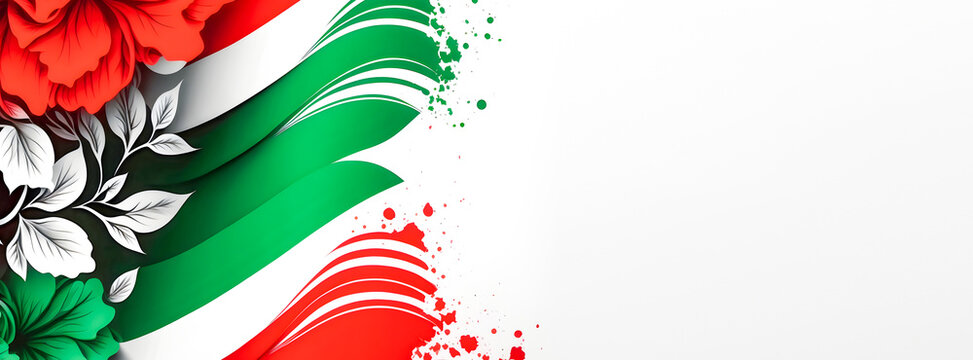 Mexican Independence Day celebration abstract background in national flag colours with flowers. Template, copy space, banner size. Generative ai