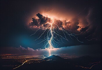 Electrical discharges of lightning during a thunderstorm on a dark background. Generative AI