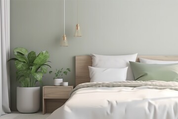 Obraz na płótnie Canvas green bedroom hotel room bedsit design idea | Home interior background, cosy green bedroom with bright furniture natural wooden tables, modern style, 3d render, Generative AI