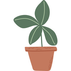 Flowerpot with sprout.Simple plant with green leaves in brown pot. Green sprouts growing out from soil. Hand drawn vector illustration.
