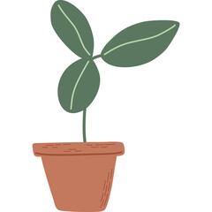 Flowerpot with sprout.Simple plant with green leaves in brown pot. Green sprouts growing out from soil. Hand drawn vector illustration.