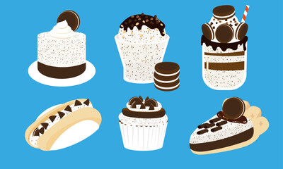A series of cookie and cream flavor sweet dessert in cute flat color style vector
