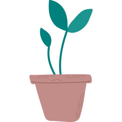Obraz premium Flowerpot with sprout.Simple plant with green leaves in brown pot. Green sprouts growing out from soil. Hand drawn vector illustration.