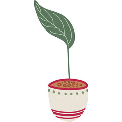 Flowerpot with sprout.Simple plant with green leaves in flowerpot. Green sprouts growing out from soil. Hand drawn vector illustration.