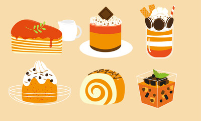 A series of thai milk tea dessert in cute flat color style vector