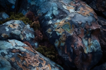 Fototapeta na wymiar Brown rock texture close-up with cracks. Rough mountain surface. Stone granite background for design and nature. Generative ai.