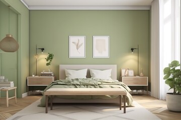 green bedroom hotel room bedsit design idea | Home interior background, cosy green bedroom with bright furniture natural wooden tables, modern style, 3d render, Generative AI