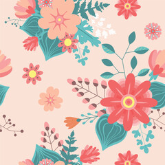 Garden flower, plants, botanical, seamless pattern vector design  for kids, fabric, wallpaper and all prints on pink background color. Cute pattern in small flower. Small spring, colorful flowers.