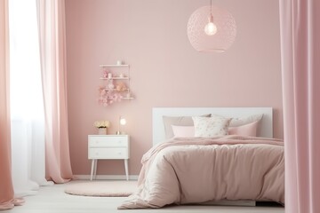 Bedroom Mock-up with Pink Colour Scheme | Wooden armchair on patterned carpet in pink bedroom interior with flowers next to bed | Bedroom Mock-up with Green Colour Scheme, Generative AI