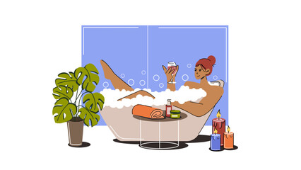 a girl in the bathroom spends a spa evening, relaxes. self care. mental health. vector flat illustration