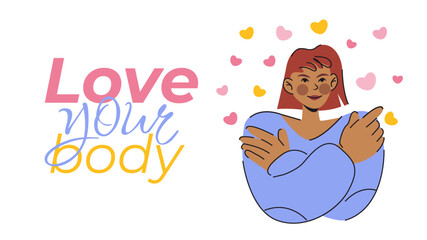 Self love concept, woman hugging herself. Love your body horisontal baner vector illustration