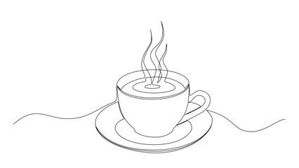 One continuous line drawing of a Cup of hot coffee with steam in silhouette sketch on white background. Simple linear style. Doodle vector illustration