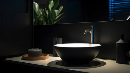 Modern and sleek bathroom with a design sink, a mirror, and a lamp. artificial light coming from the lamp.