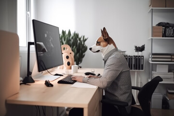 Man with a head of a dog working from home in front of a computer. Made with Generative AI