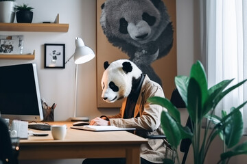 Man with a head of a panda bear working from home in front of a computer. Made with Generative AI