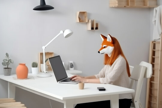 Woman with a head of a fox working from home in front of a computer. Made with Generative AI