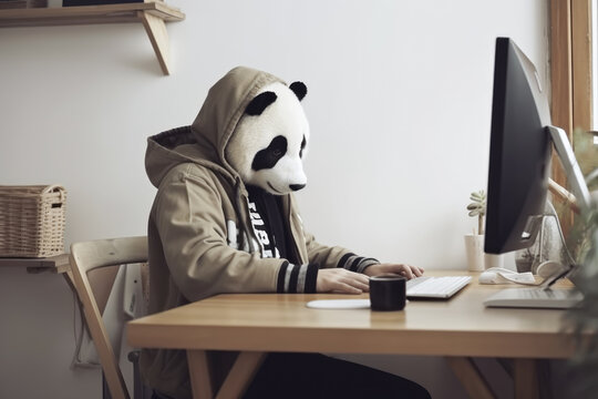 Man with a head of a panda bear working from home in front of a computer. Made with Generative AI
