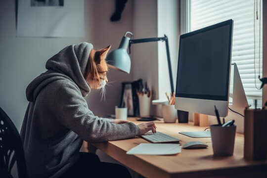 Man with a head of a cat working from home in front of a computer. Made with Generative AI
