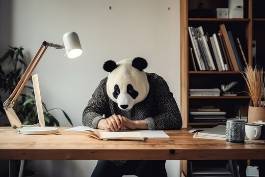 Man with a head of a panda bear working from home at his desk with papers.. Made with Generative AI