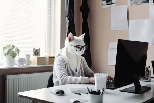 Woman with a head of a cat working from home in front of a computer. Made with Generative AI