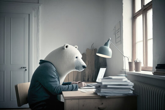 Man with a head of a polar bear working from home in front of a laptop. Made with Generative AI