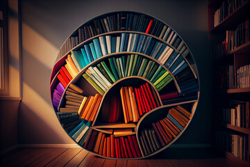 Round bookshelf in public library. Created with Generative AI technology