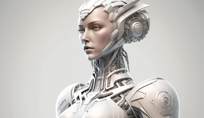 Robot woman on white background. Generative AI.